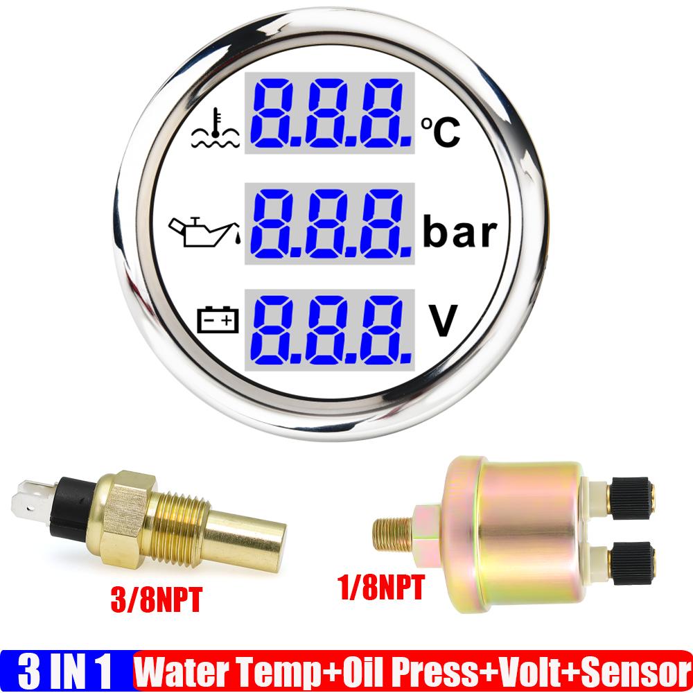 

Blue LED 2 52mm Mulitfunctional Gauge Car Water Temperature Gauge+Oil Pressure Meter+Voltmeter with Sensor Flashing Alarm 12V24V 3-8NPT WS