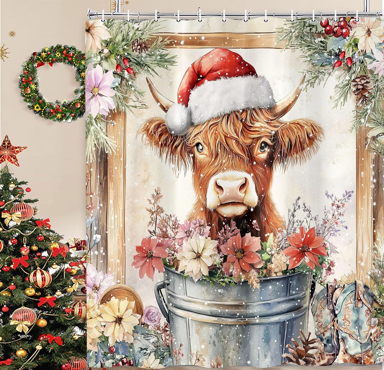 

Highland Cow Christmas Shower Curtain, Funny Cute Animals Rustic Wooden Flower Board Winter Farmhouse Snow Bathroom Curtains 90x180CM