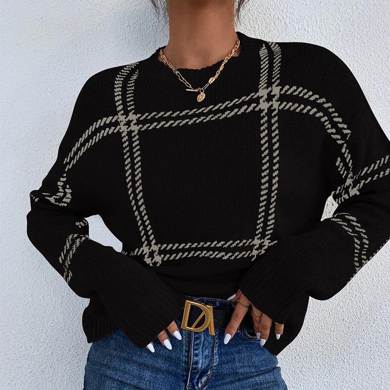 Europäischer & Amerikanischer Karomuster Farbblock Rundhals Pullover Strickware für Damen - Herbst/Winter Stil