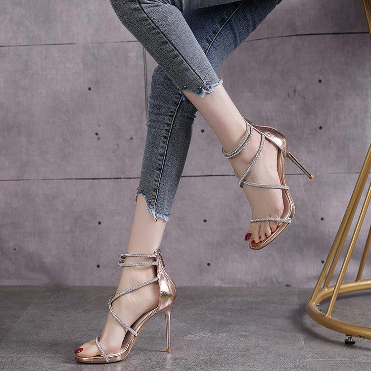 Sexy Fashion Rhinestone Thin Heel Open-toe Rear Zipper Sandals Women's 2025 Summer European and American Thin Diamond Waterproof Table High Heels