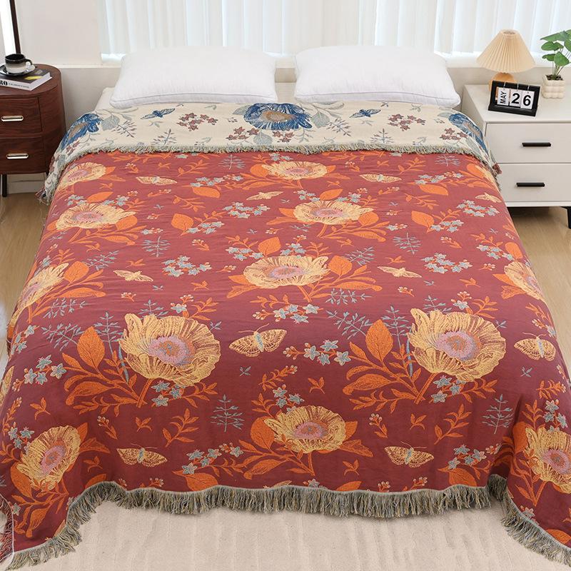 Floral Pattern Cotton Gauze Throw Blanket Towel Quilt Cover Blanket Summer Nap Thin Blanket Adult Air Conditioning Cool Quilt For Home