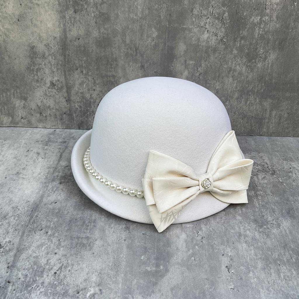 Xiaoxiangfeng Bamboo Leaf Dark Embroidery Bow Wool Beret Children'S Winter Australian Hair Top Hat Camellia Pearl Chain Felt Hat
