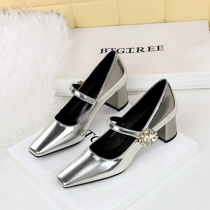 Women's Shoes with Thick Heel, Shallow Mouth, Square Toe, Rhinestone Buckle, Straight Strap, Single Shoe for Women