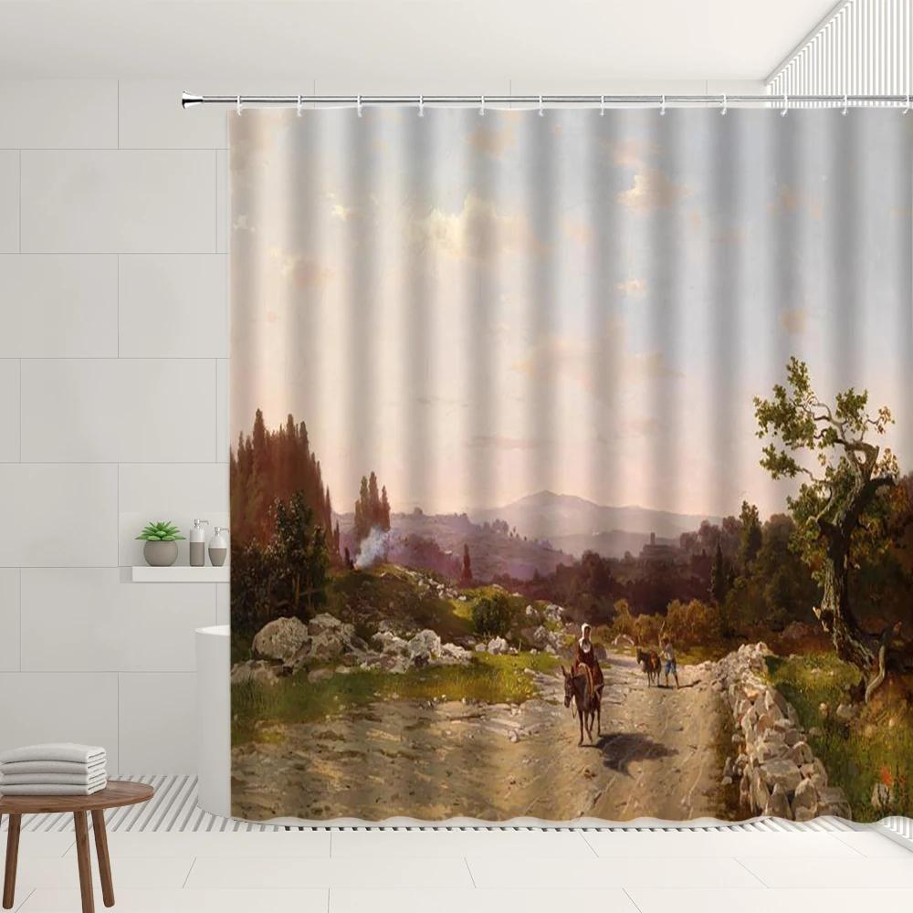 Farm Scenery Shower Curtain Vintage Farmhouse Straw Stack Waterproof Polyester Fabric Bathroom Screen Decoration With Hooks