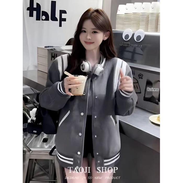 2024 Trendy Women s American & Japanese Patchwork Striped Baseball Jacket - British College Style 3XL