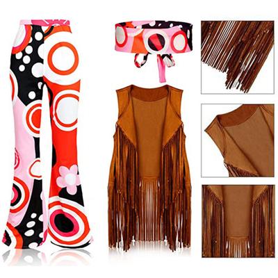 Women Hippie Costume Outfits Retro Flared Pants Tassel Waistcoat Headband Set for Halloween Cosplay Nightclub Dance