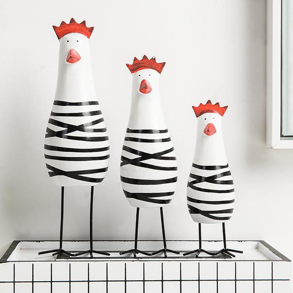 Mediterranean Hand Carved Wooden Rooster Family 3 Piece Set Colorful Figurines Home Decor