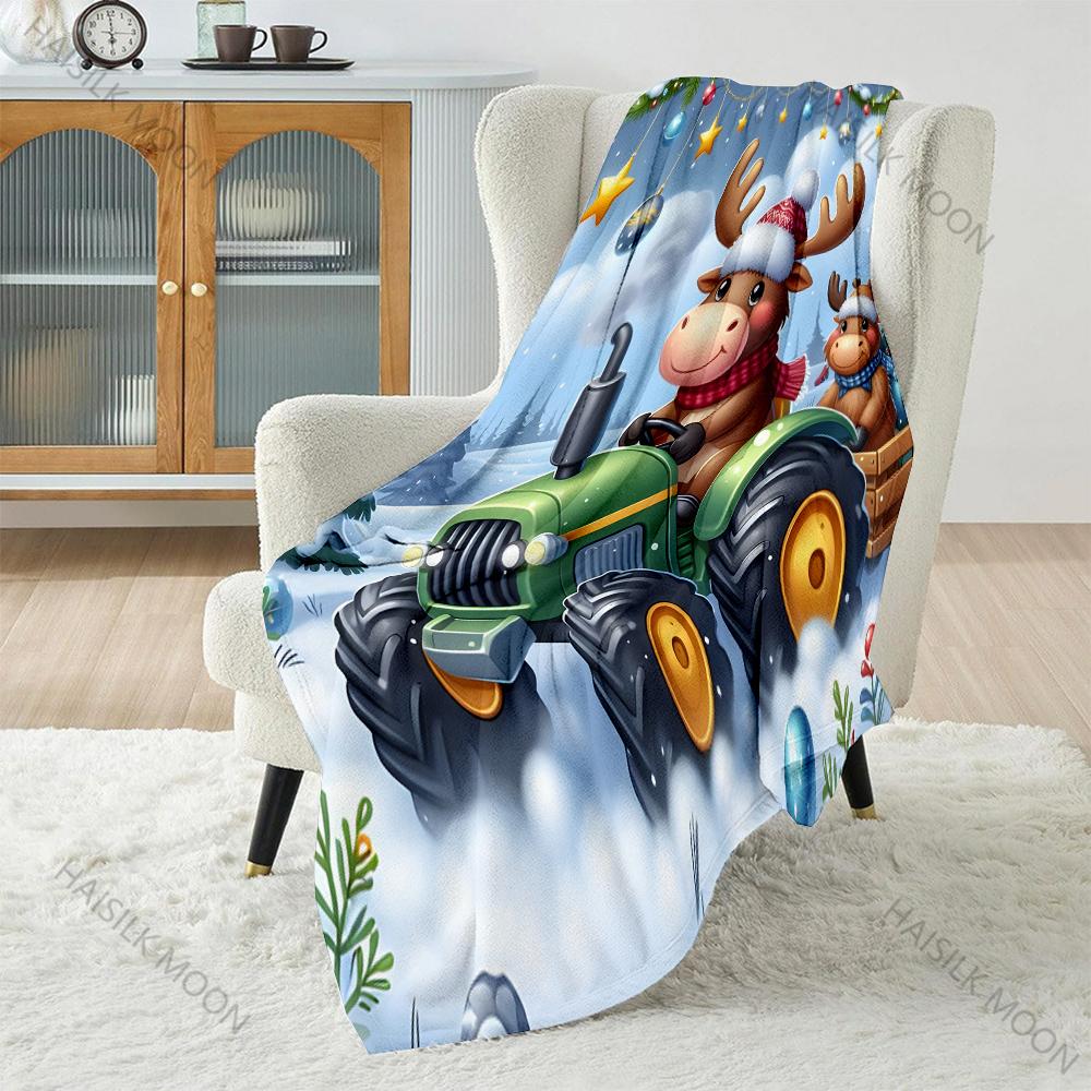 

Festive Moose Driving Tractor Pattern Blanket Flannel Material Soft Warm for All Seasons, Home Outdoor Camping Picnics RV 75x90cm