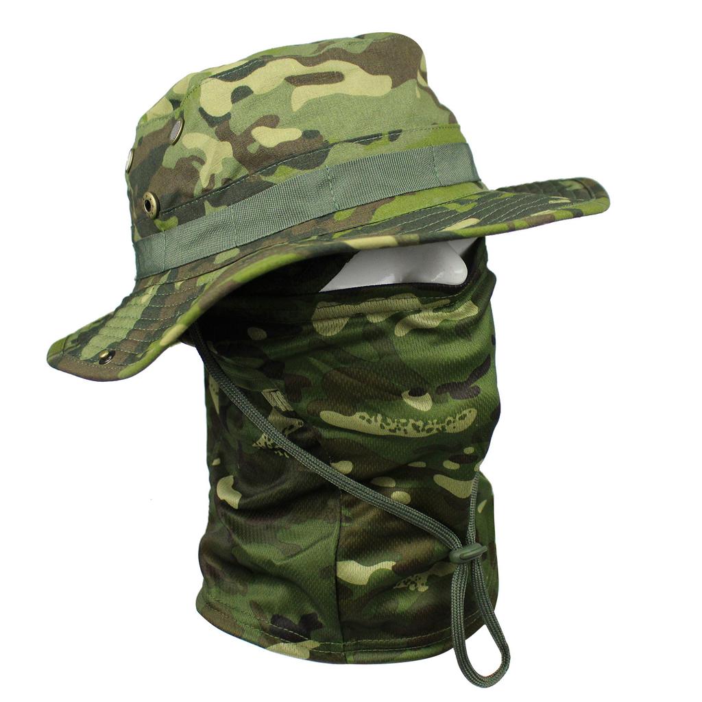 Camouflage Fischerhut mit Gesichtsmaske 2er Set Outdoor Taktischer Anglerhut Sommer Sonnenschutz für Wandern Training