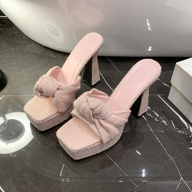 

Водонепроницаемые туфли на платформе на высоком каблуке 2025 лето новые легкие роскошные с квадратным носком открытые с бантом супер высокий каблук крутые шлепанцы женские 35 розовый