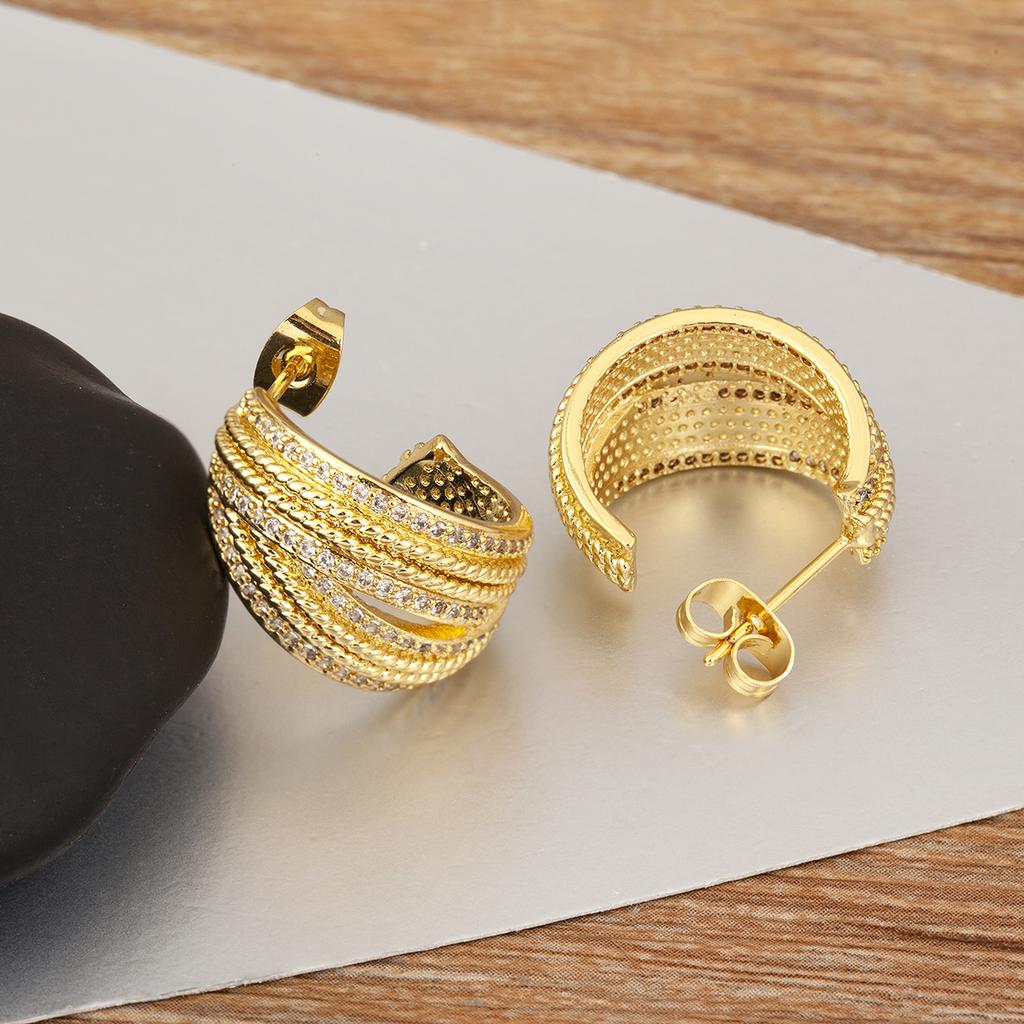 Nidin New Retro Copper Shiny Crystal Zircon Multilayer Stud Earrings For Women Female Trendy Temperament Ear Jewelry Party Gifts