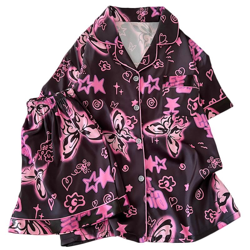 Sweet And Cool Girl Ice Silk Pajamas Women'S Summer Butterfly Print Short-Sleeved Loose Loungewear Set