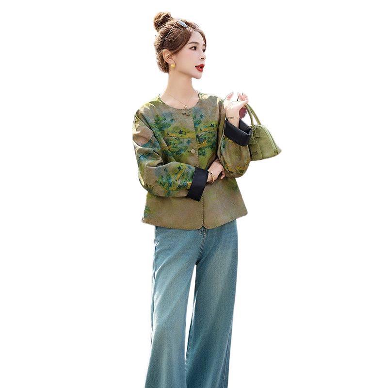 Women's Reversible Retro Jacquard Leather Patchwork Jacket - New Chinese Style for Autumn