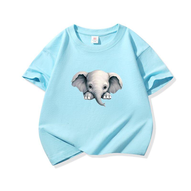 Kids Cotton T Shirt Cute Peeking Little Elephant Print Crew Neck Short Sleeve Tee Casual Breathable Boys Girls Summer Tops