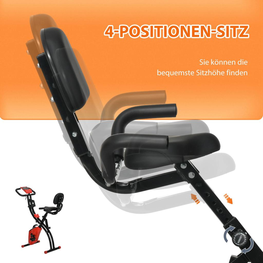 2-in-1 Folding Exercise Bike with 8-Level Magnetic Resistance, Arm Resistance Band, Pulse Sensor, Red