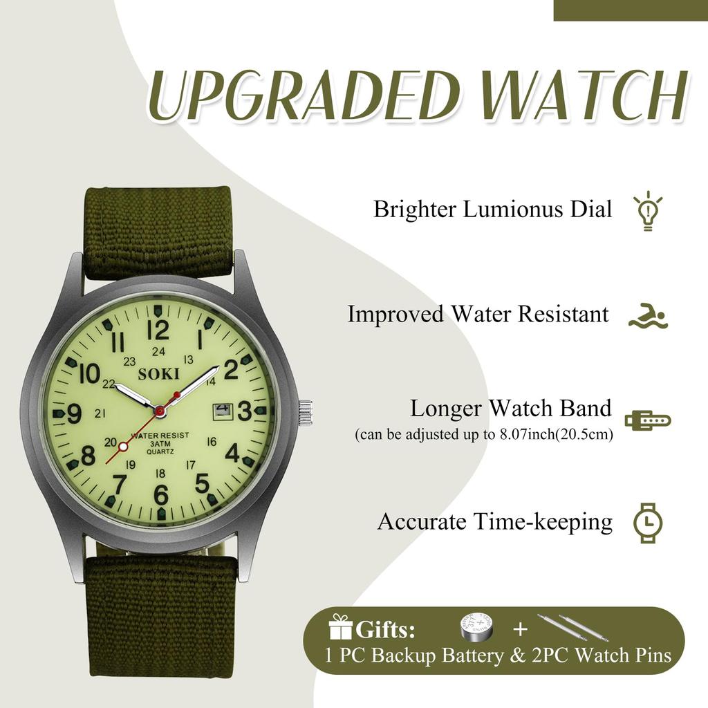 Men's Antique-Style Calendar Watch, Waterproof: Luminous Analog Display, Simple and Stylish Sports Watch, 1224 Quartz Movement, Nylon Strap, Green,