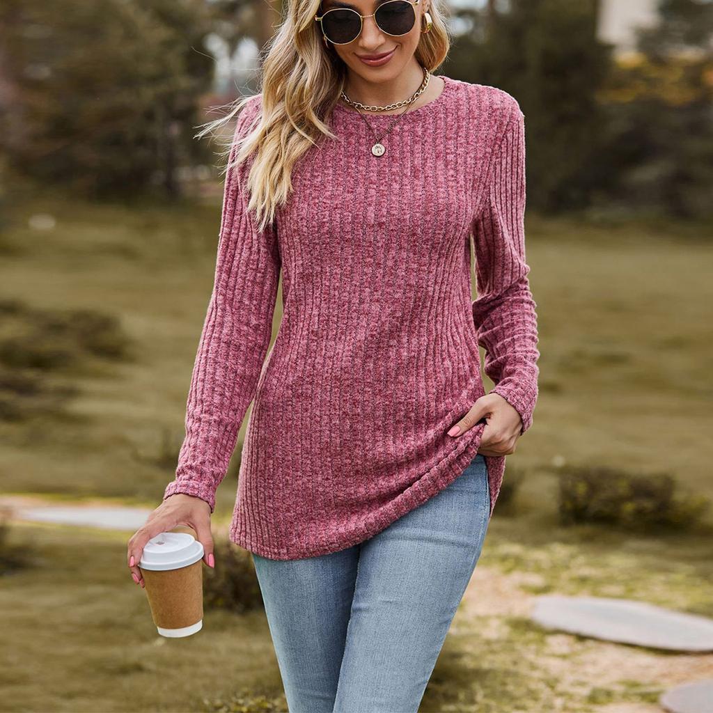 Women Fashion O Neck Long Sleeve Tops Knitted Ribbed Solid Color Autumn Spring Blouse