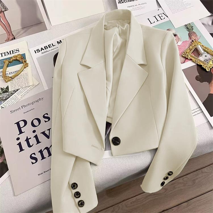 Women's One Button Short Blazer, Polyester Long Sleeve Notched Lapel Regular Fit Elegant Commuter Suit Jacket
