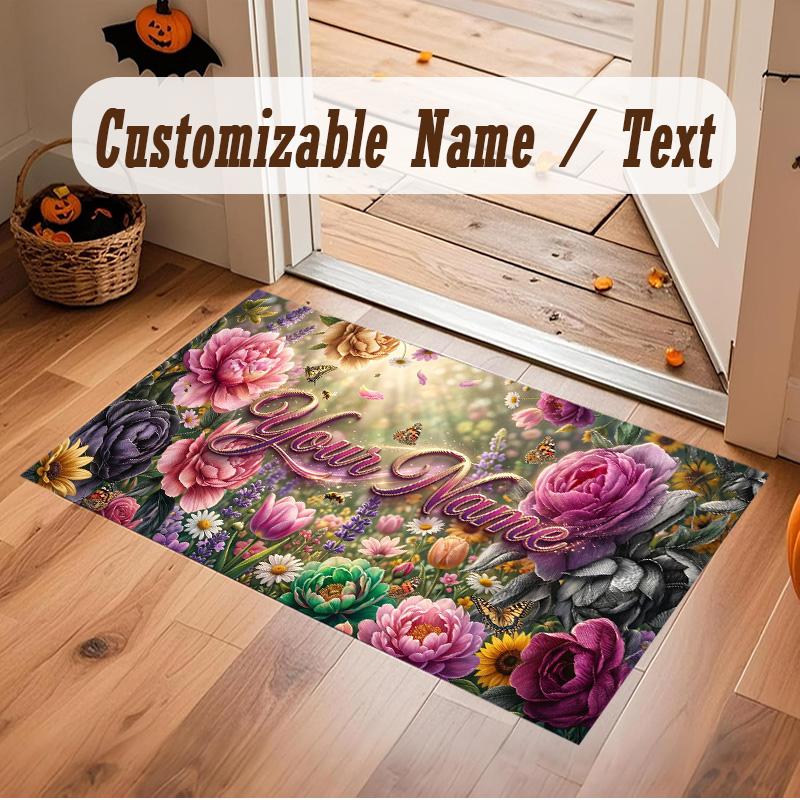 Floral Garden Theme Soft Crystal Velvet Rug Custom Name & Text Print Non Slip Floor Rug for Bedroom Living Room