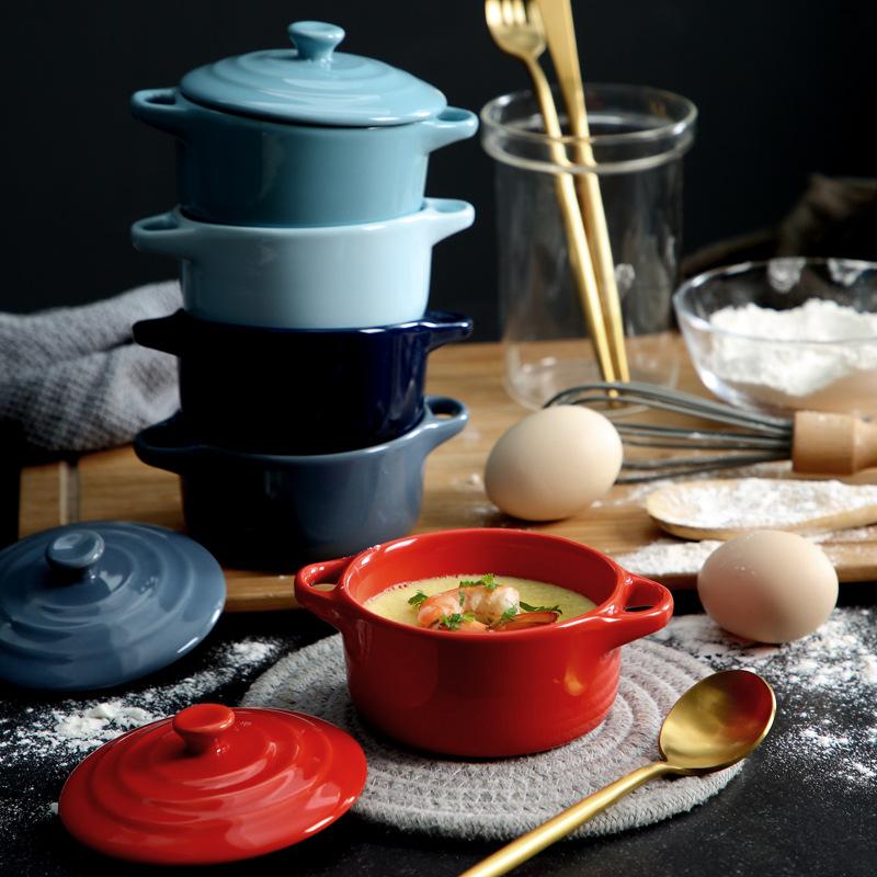 JUSTINLAU Ceramic Bowl Double Ear Ceramic Glazed Baking Bowl with Lid Breskfast Steam Egg Pudding Bowl Soup Bowls Microwave Oven
