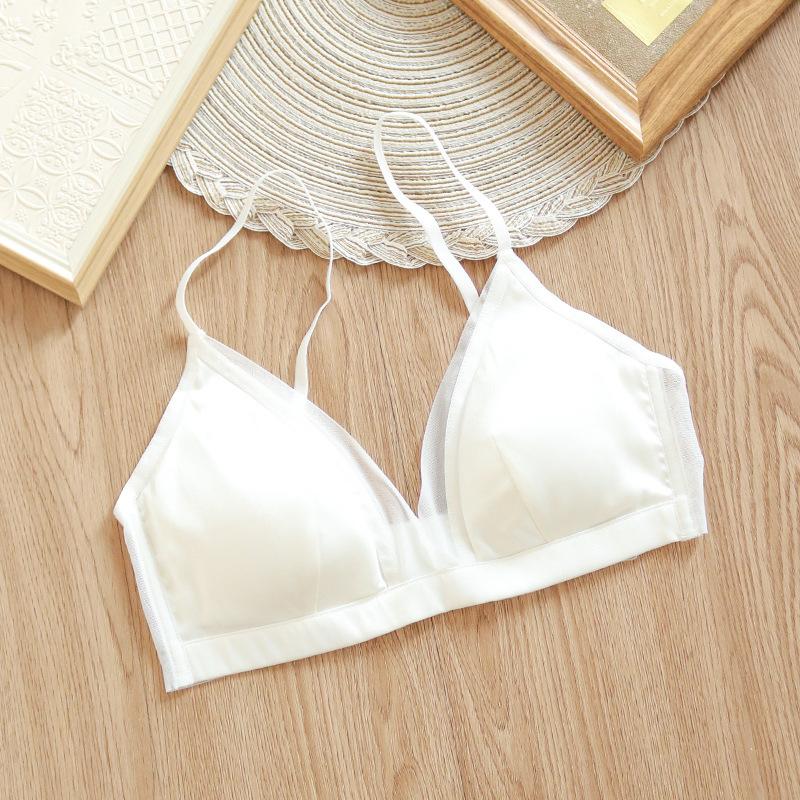 Spring and summer silk rimless bra, satin mulberry silk thin seamless French underwear removable S