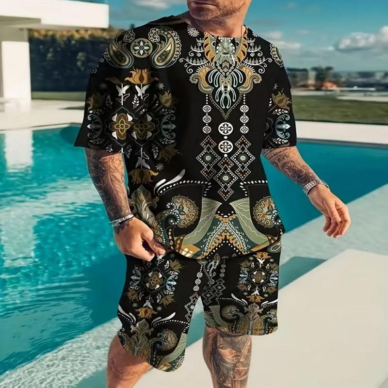 Summer Fashion Men's Suit Casual Ethnic Style 3D Printed Sportswear Short-sleeved Suit Oversized Round Neck T-shirt Shorts 2-piece