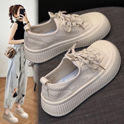 Damskie buty Wiosna i Lato Oddychające Nowe Buty z Siateczki z Siateczki Gruba Podeszwa Wsuwane Buty Tkane w Locie Cienkie Płócienne Buty typu Biscuit