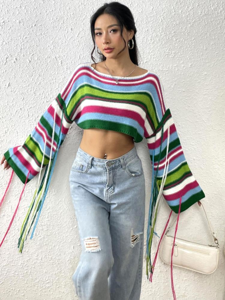 Women's Rainbow Stripe Tassel Knitted Sweater Sexy Ultra Short Open Umbilical Loose Sweater