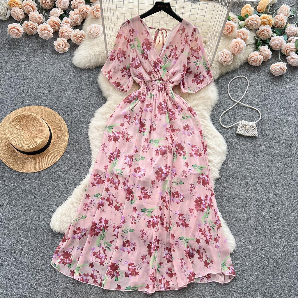 Frauen Chiffon Floral Lange Kleid Koreanische V-ausschnitt Kurzarm A-linie Party Kleider Sommer Böhmischen Stil Strand Vestidos