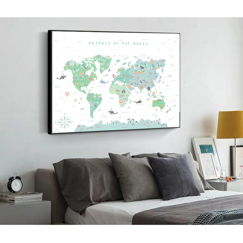 Educational Poster Cartoon Animal Kids Baby Room Decor Animals Illustration World Map Wall Art Picture Nursery Print Painting