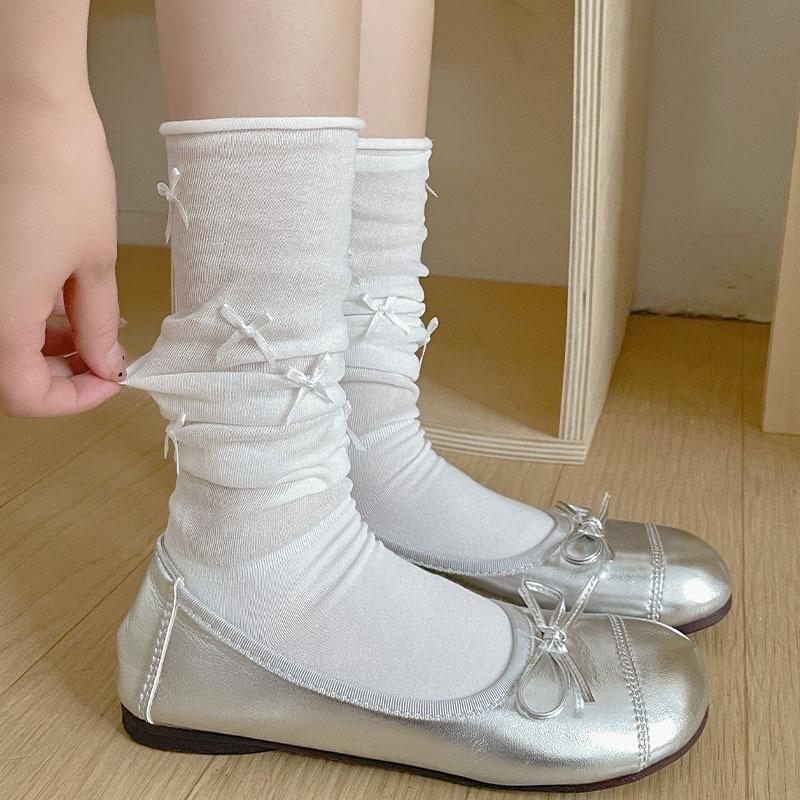 Women'S Stockings High Quality Modern  Simple Cute Japanese Style Long Women Socks Mesh Bow Sweet Knee High Socks Thin White