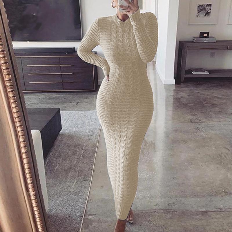 

Autumn/Winter Women s Cable Knit Long-Sleeve Wool Dress 3XL