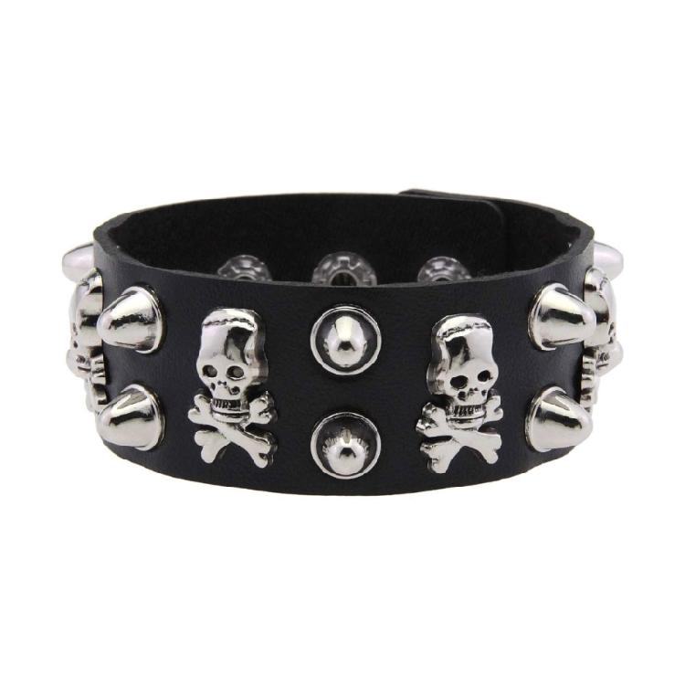 Unisex Punk Jewelry Pieces Featuring Wide Leather Band and Rebellious Skull Embellishments for Daily Wear