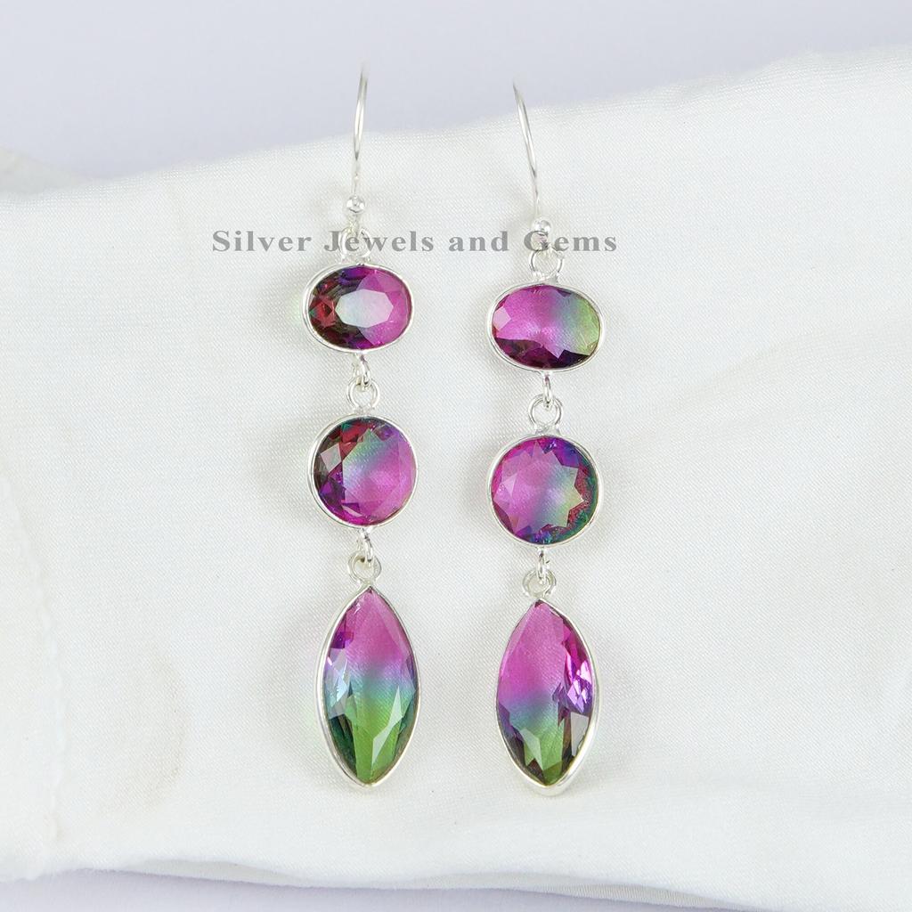 Watermelon Tourmaline Quartz Earrings: 925 Sterling Silver Dangle Earrings