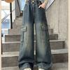 Girls' Pants Spring and Autumn Retro Jean Denim Work Pants Girls' Straight Leg Pants Wide Leg Pants