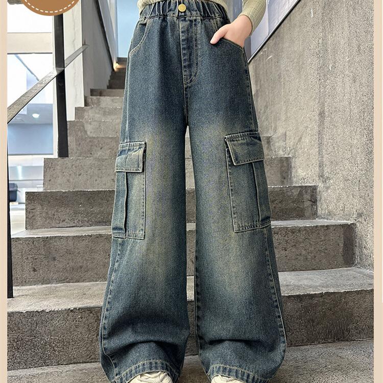 Girls' Pants Spring and Autumn Retro Jean Denim Work Pants Girls' Straight Leg Pants Wide Leg Pants