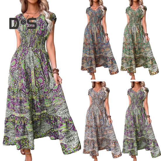 Letnia sukienka maxi z głębokim dekoltem V, krótkim rękawem, w stylu bohemy, z kolorowym nadrukiem, elastyczną wysoką talią, falbankowym szwem na dole, w kształcie litery A, sukienka plażowa