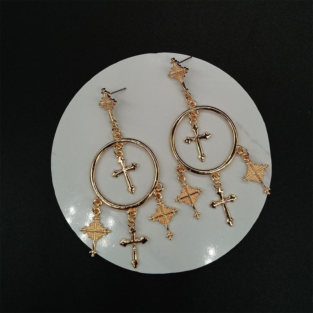 Women Metal Cross Design Earrings Long Alloy Engraved Delicate Earrings