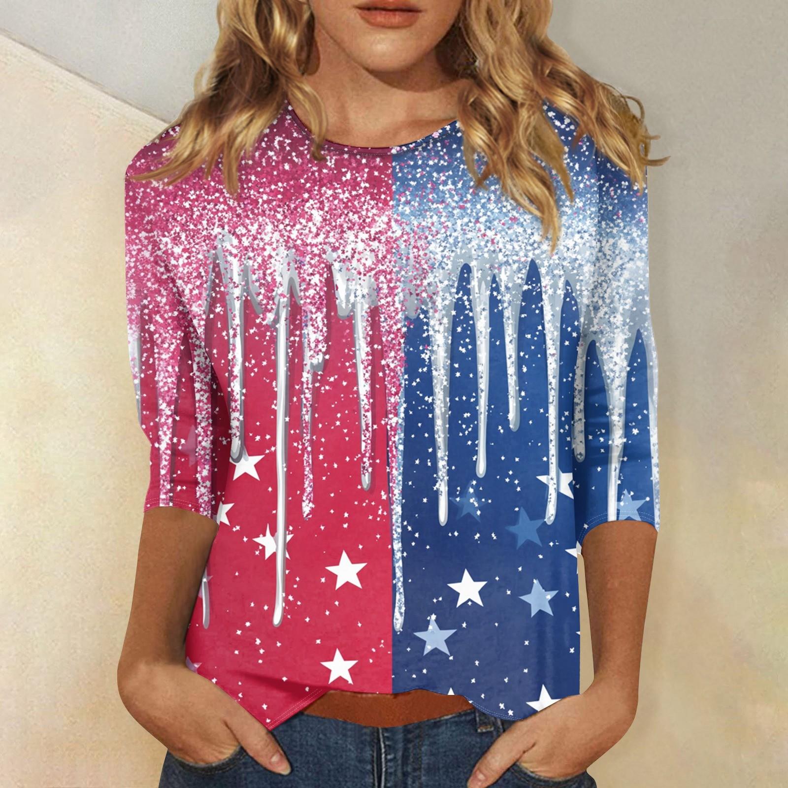 

Women s Fashion Casual Seven-Point Sleeve Print Round Neck Top M рожевий