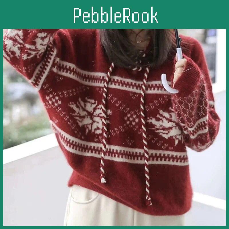 Style Lazy New Autumnwinter Design Sense Christmas New Year Red Hooded Drawstring Knitwear Pullover Sweater For Outwear