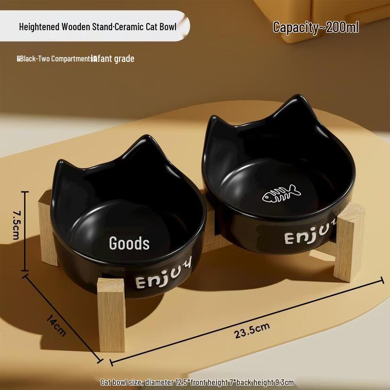 HANDUNYOU Приподнятая керамическая двойная миска для кошек с деревянной подставкой