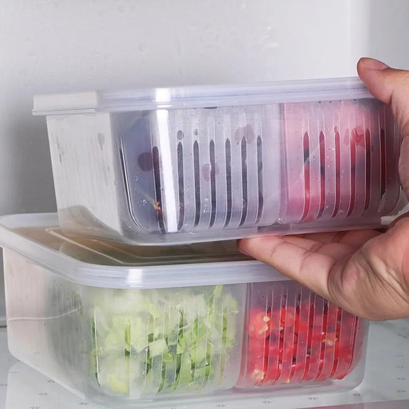 Aufbewahrungsbox mit vier Fächern und Deckel, Kühlschrank-Frischhaltebox, Obst- und Gemüseaufbewahrungsbox, Küchenablauf, multifunktionale Aufbewahrungsboxen