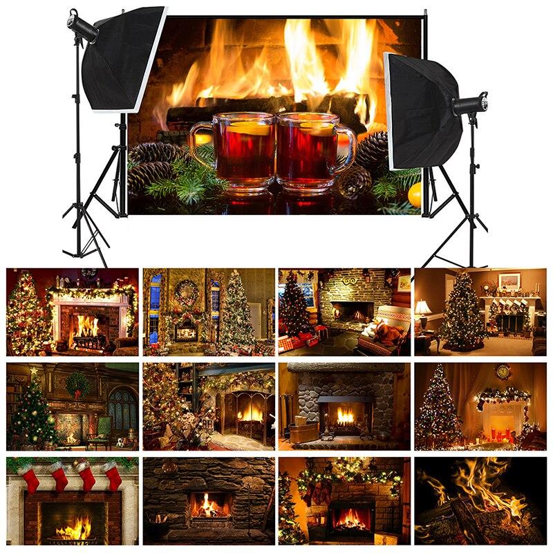 Christmas Fireplace Photography Backdrop Xmas Tree Stocking Photo Background Props for Holiday Family Portrait Studio Shoot Video Party Decor