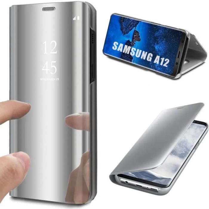 Coque - Samsung - A12 - Effet Miroir - Fenêtre Translucide - Argenté