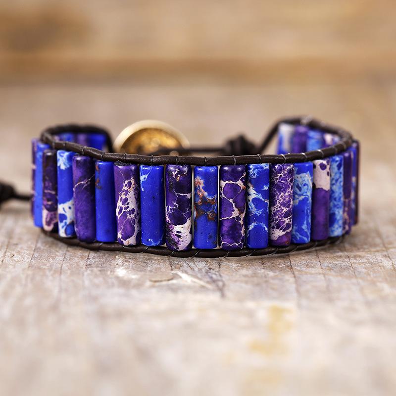 

Ethnic style natural stone imperial stone handmade beaded bracelet, European and American retro genuine leather rope wrapped woven bangle jewelry Dark Blue
