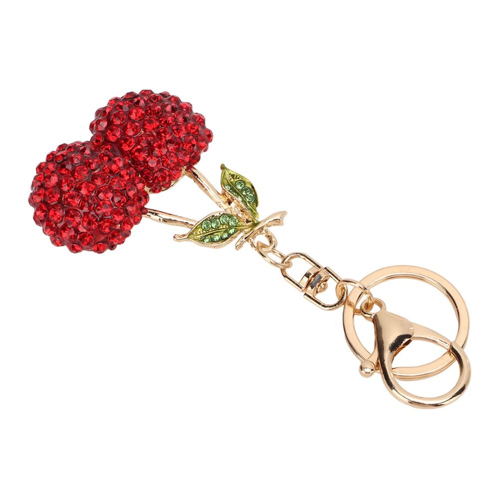 2pcs Sparkling Finish Cherry Keychain Red & Pink Key Ring Pendant Fruit Bag Charm For Car Accessory