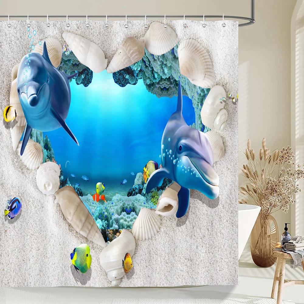 Podwodny Świat Ryba Żółw 3d Zasłony Prysznicowe Ocean Delfin Sceneria Morska Tkanina Wodoodporna Zasłona Kąpielowa Dekoracja Łazienki Parawan
