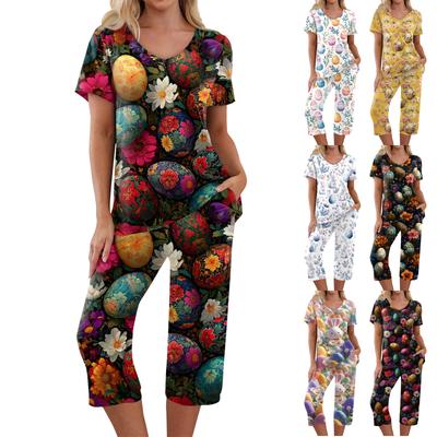 2 Piece Sets For Women Short Sleeve Top And Pants With Pockets Workout Soft Print Sets