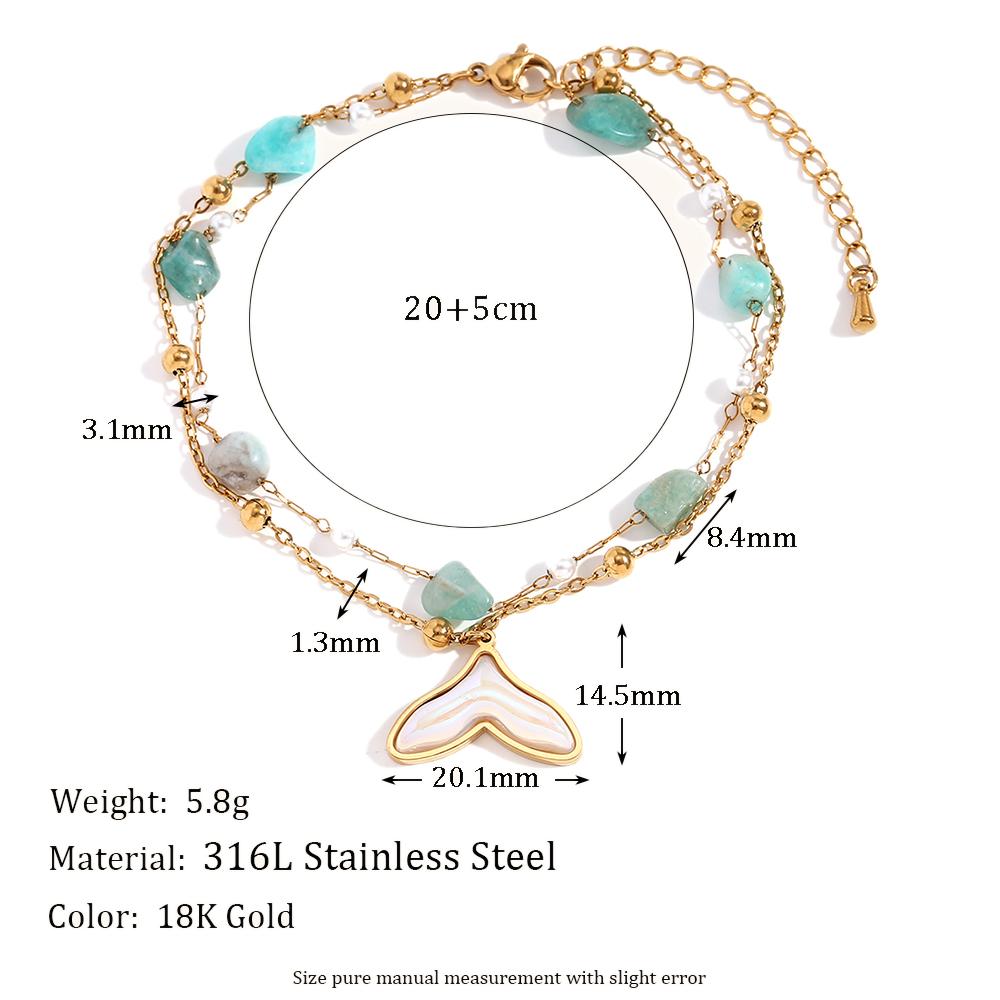 

MamacitaSlay 18K Gold Plated Stainless Steel Natural Stone Double Layer Fishtail Anklet Chain Beach Party Waterproof Jewelry золотой