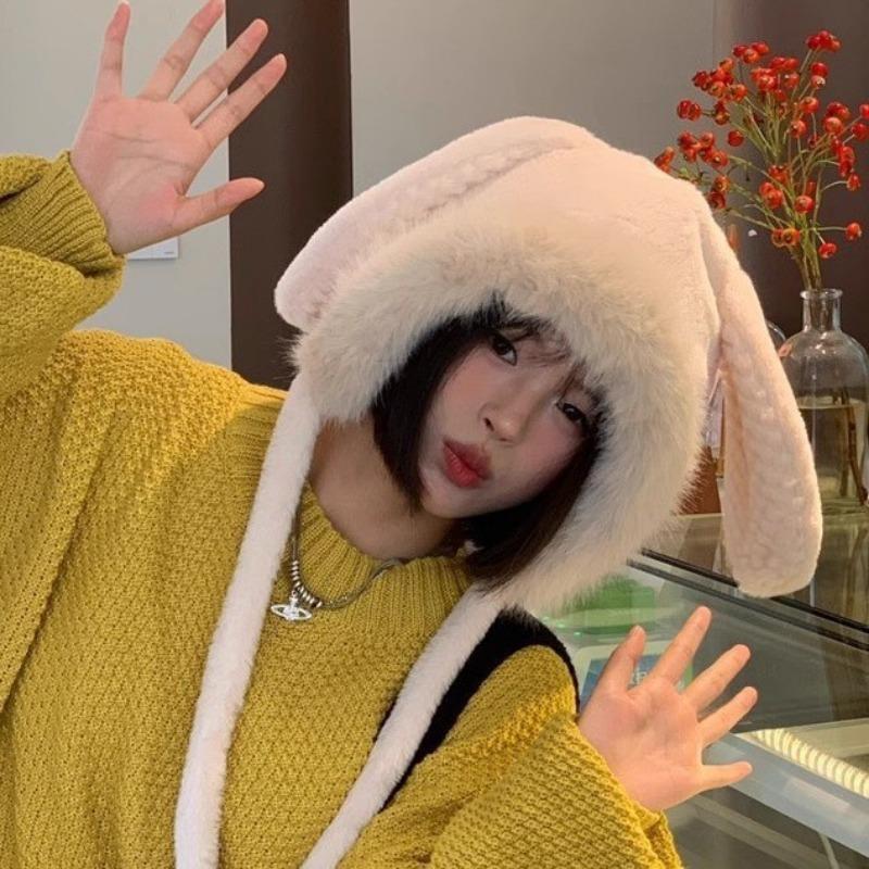 Winter Furry Cute Rabbit Ears Children Warm Ear Protector Head Cap Cold Cap Thickened Pullover Cap
